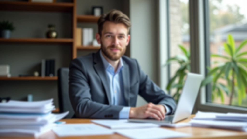Business owner at desk with laptop, tax forms, and organized expense receipts in folders