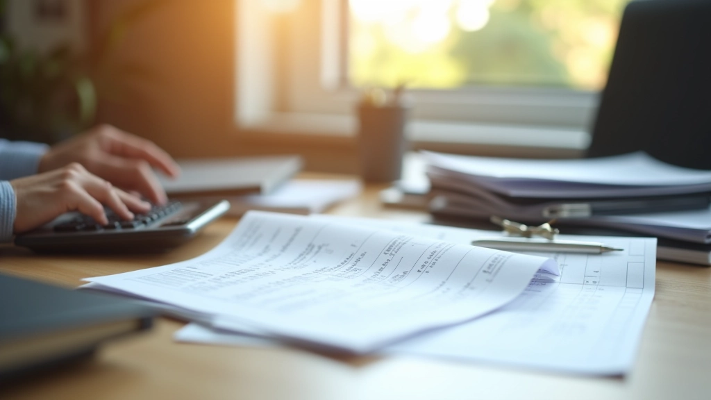 Accountant at desk with business income ledger, calculator showing revenue figures, and financial reports spread across workspace