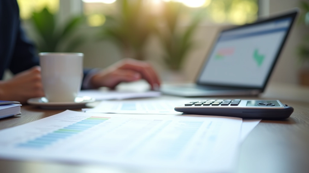 Modern office workspace with tax documents, calculator, and laptop showing financial spreadsheet on wooden desk
