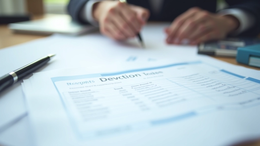 Accountant reviewing allowable business deductions list with corporate expense receipts organized by category