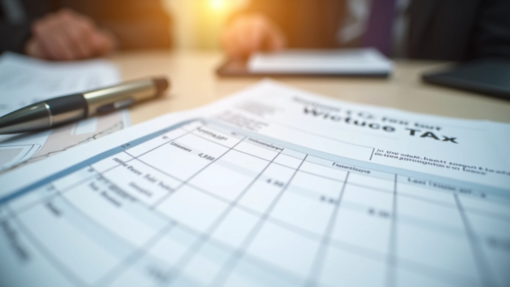 Close-up of tax return form T2 with pen and highlighted sections on desk with reference materials