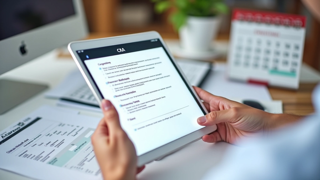 Tablet displaying CRA compliance checklist with filing requirements and deadline calendar